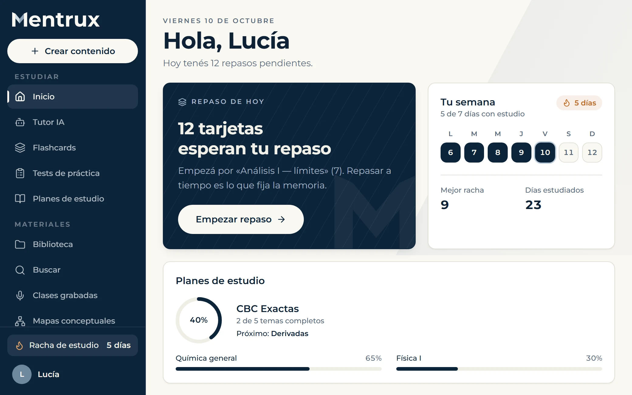 Inicio de Mentrux: repaso del día, racha semanal, planes de estudio y materiales recientes